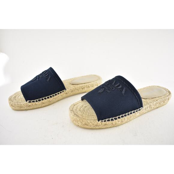 Prada Baltico Blue Canvas Plaque Logo Slide Open Toe Sandal Espadrille Flat 38 - Picture 14 of 16